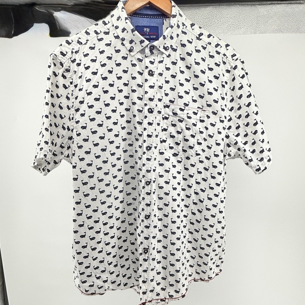International Report Mens White Navy Whale Print Cotton Short Sleeve Shirt L